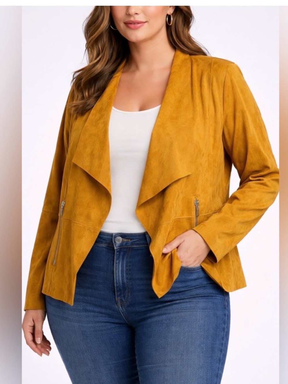 NWT Bagatelle draped front faux suede yellow tan jacket 3X